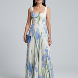 Patrícia - Vestido Midi Floral Sem Mangas com Decote Quadrado