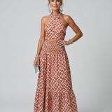 Joana - Vestido Midi com Estampa Geométrica e Alças Cruzadas