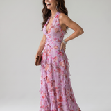 Margarida - Vestido Maxi Floral com Corpete Franzido e Alças