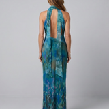 Madalena - Vestido Maxi Sem Mangas com Decote Halter e Abertura Frontal