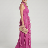 Matilde - Vestido Maxi com Decote Alto e Camadas de Renda