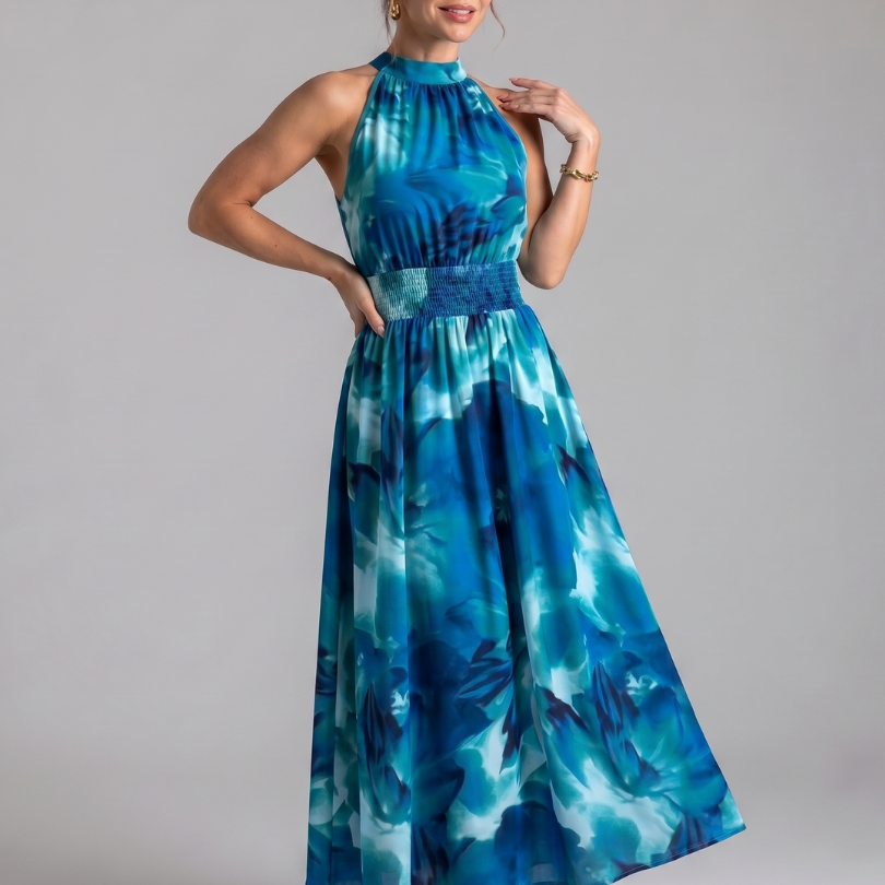 Vanessa - Vestido Midi com Cintura Franzida e Estampa Abstrata