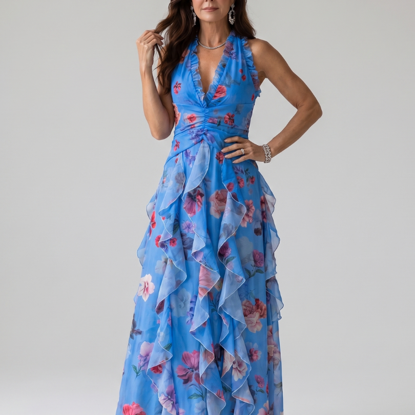 Margarida - Vestido Maxi Floral com Corpete Franzido e Alças