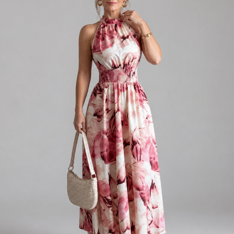 Vanessa - Vestido Midi com Cintura Franzida e Estampa Abstrata