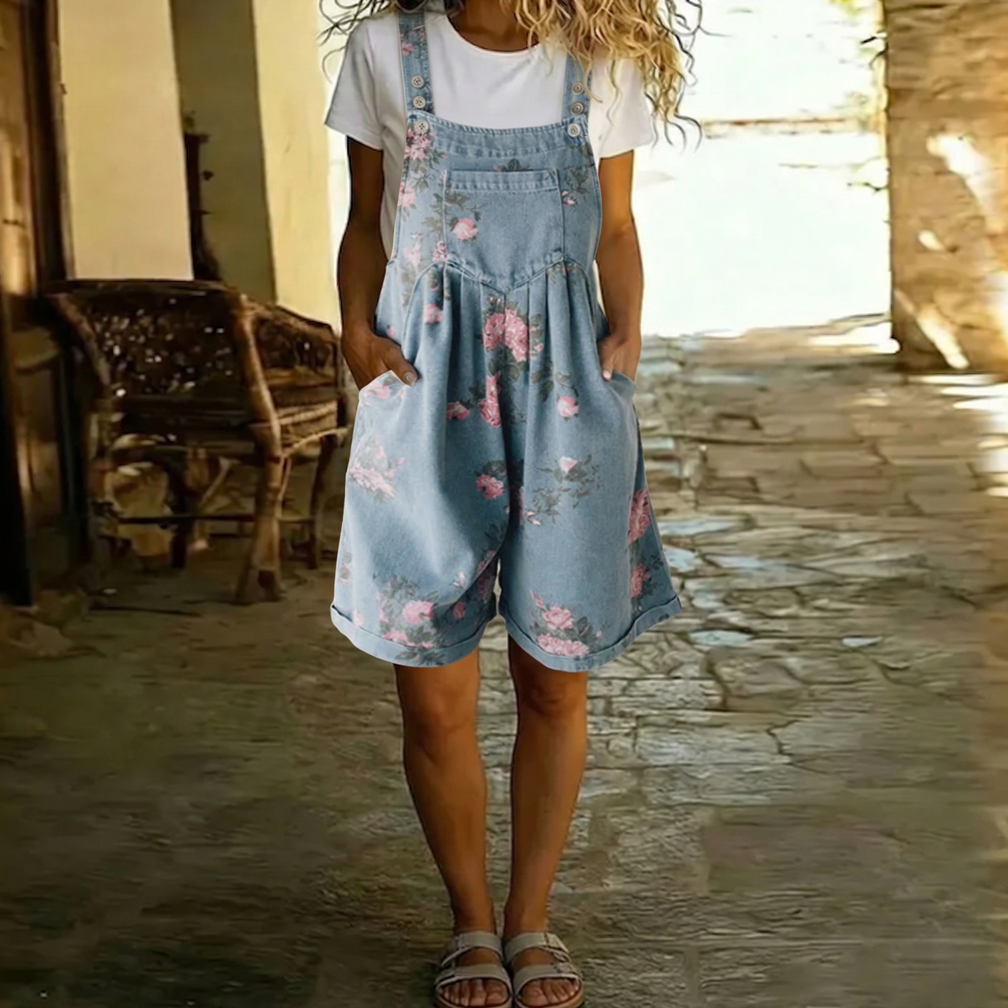 Gabriela - Macacão de Ganga com Estampado Floral